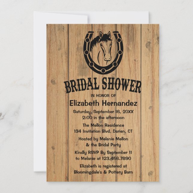 Western Bridal Shower Horse Horseshoe Brown Wood Invitation (Front)