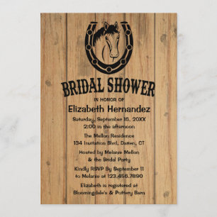 Western Bridal Shower Horse Horseshoe Brown Wood Invitation