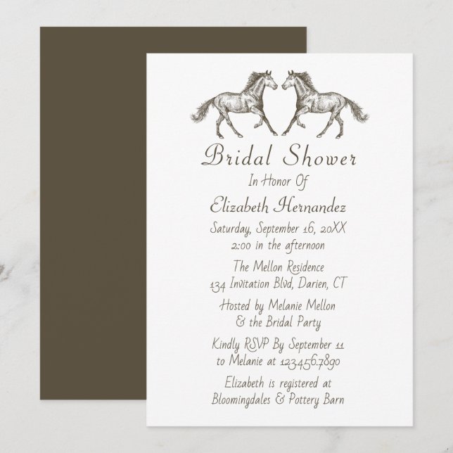 Western Bridal Shower Horses Brown Equestrian Invitation (Front/Back)