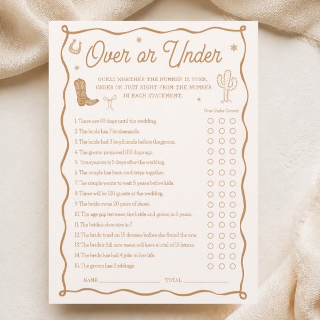 Western Bridal Shower Over or Under Game Card (Creator Uploaded)