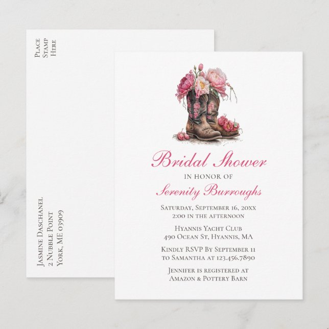 Western Bridal Shower Rustic Floral Cowboy Boots Invitation Postcard (Front/Back)