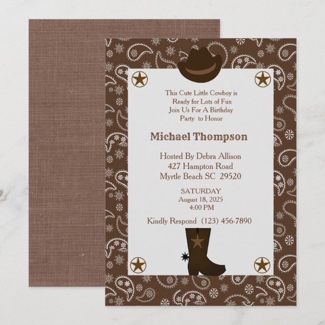  Western Brown Bandanna Cowboy Birthday Party  Invitation (Front/Back)