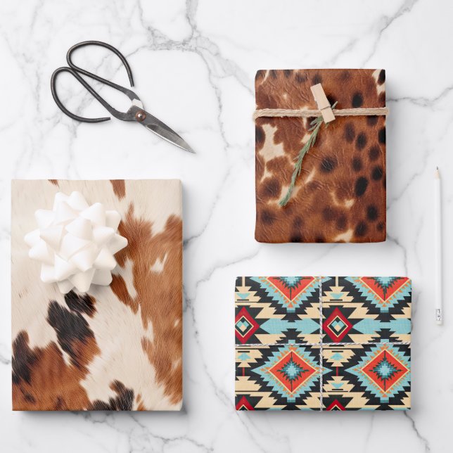 Western Brown Black Cream Cowhide Cowboy Cowgirl Wrapping Paper Sheet (Front)