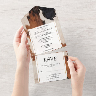 Western Brown Black Cream Cowhide Wedding All In One Invitation