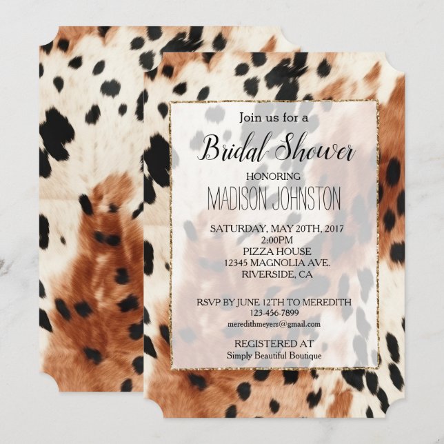 Western Brown Cream Animal Cowgirl Cowhide Invitation (Front/Back)