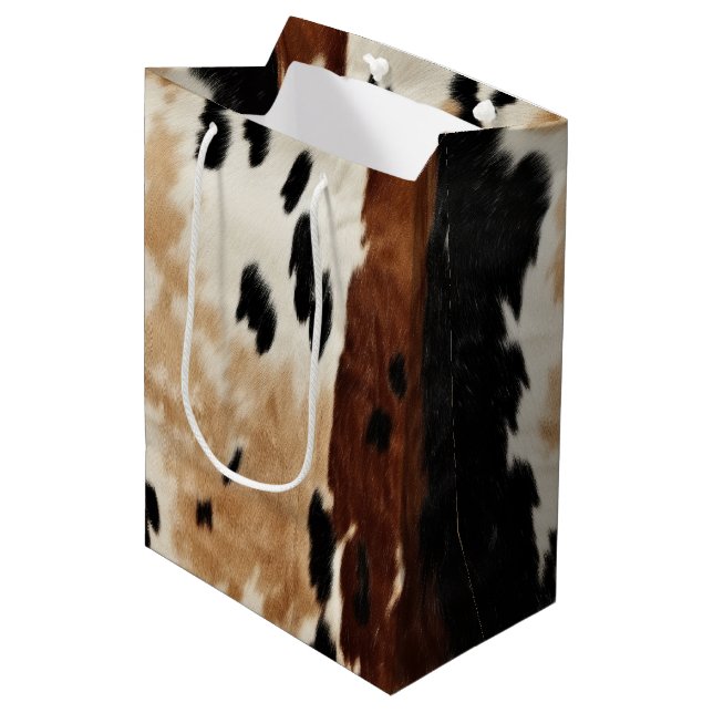 Western Brown Cream Cowhide Animal Medium Gift Bag (Front Angled)