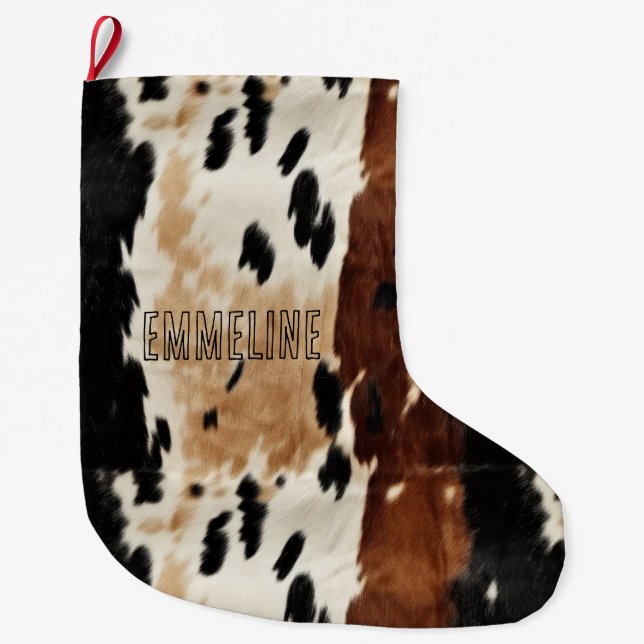 Western Brown Cream Cowhide Animal Name Large Christmas Stocking (Front)