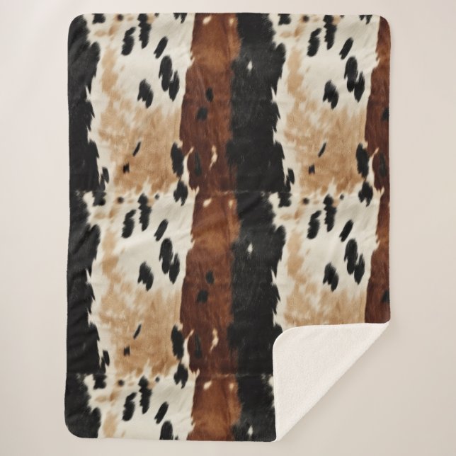 Western Brown Cream Cowhide Animal  Sherpa Blanket (Front)