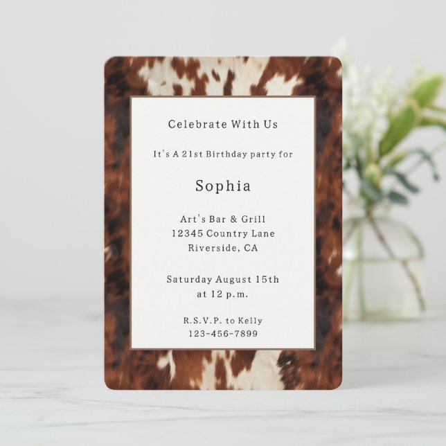 Western Brown Cream Cowhide Birthday   Invitation (Standing Front)