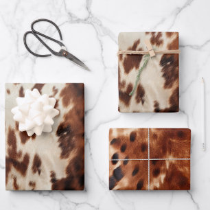 Western Brown Cream Cowhide Birthday Wrapping Paper Sheet