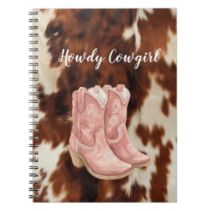 Western Brown Cream Cowhide Pink Cowgirl Boots Notebook