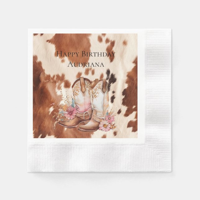 Western Brown Cream Floral Cowgirl Boots Napkin (Front)