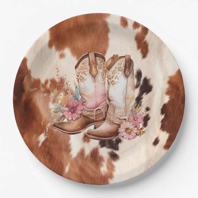 Western Brown Cream Floral Cowgirl Boots Paper Plate (Front)