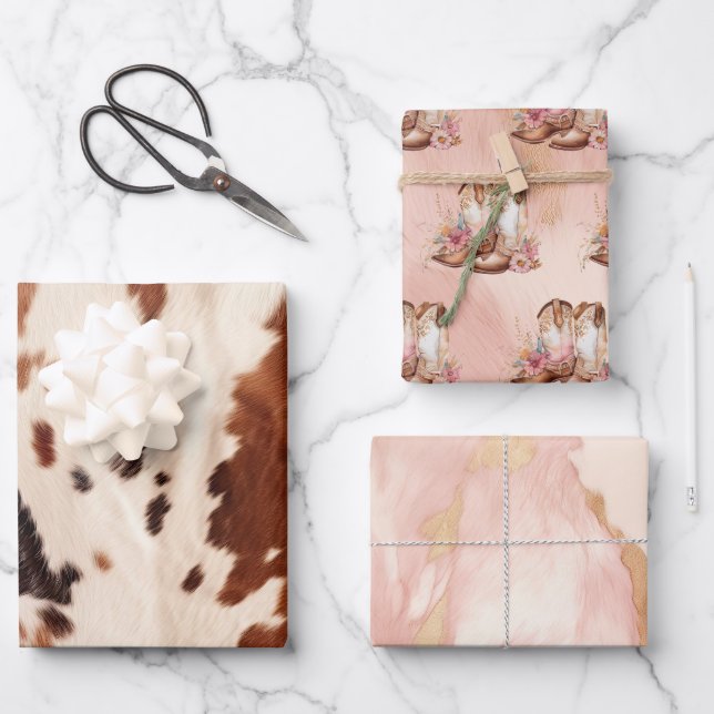 Western Brown Cream Floral Cowgirl Boots Wrapping Paper Sheet (Front)