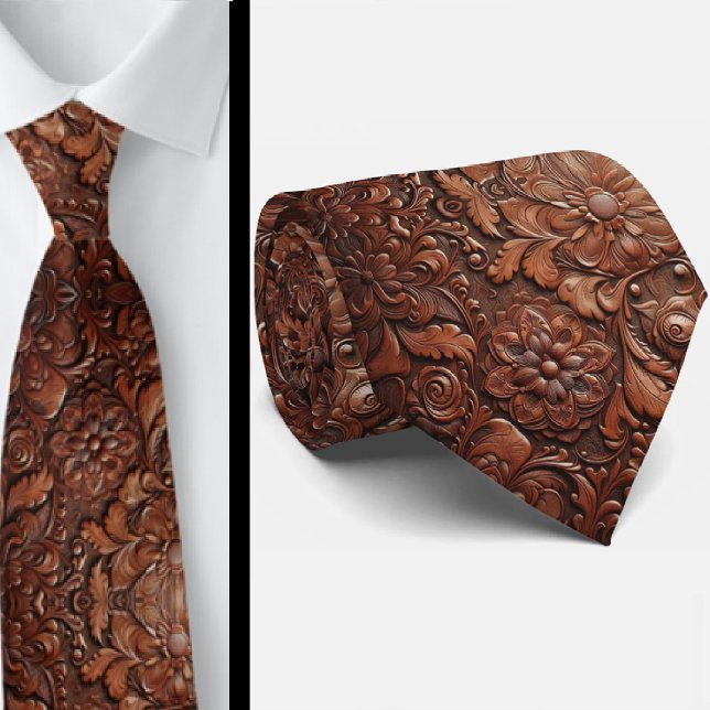 Western Brown Faux Leather Tooled Retro Mens Tie (Creator Uploaded)