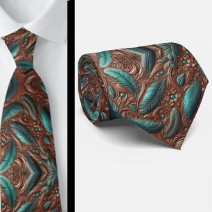 Western Brown Faux Leather Tooled with Feathers Tie