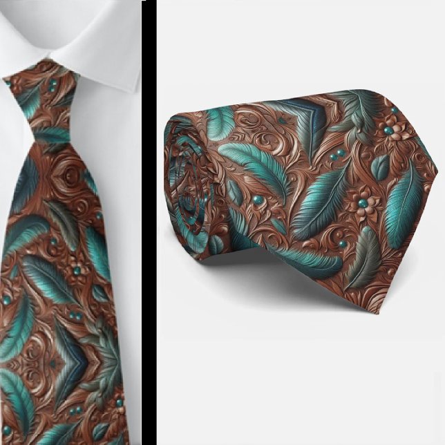 Western Brown Faux Leather Tooled with Feathers Tie (Creator Uploaded)
