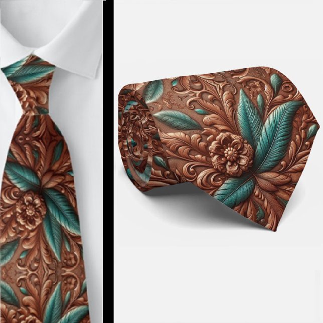 Western Brown Faux Leather Tooled with Feathers Tie (Creator Uploaded)