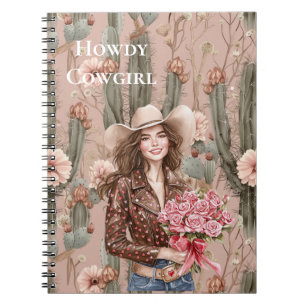 Western Brown Hair Cowgirl Pink Cactus Flowers Notebook