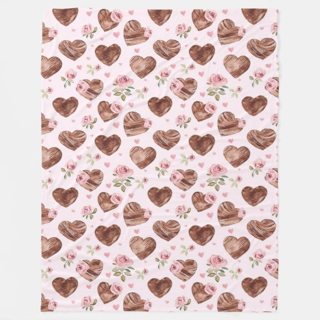 Western Brown Hearts Pink Floral Fleece Blanket (Front)