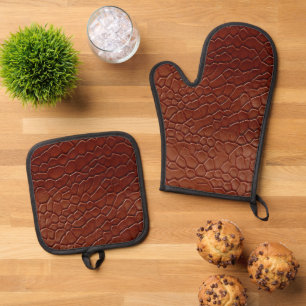 Western Brown Leather Look Animal Oven Mitt & Pot Holder Set