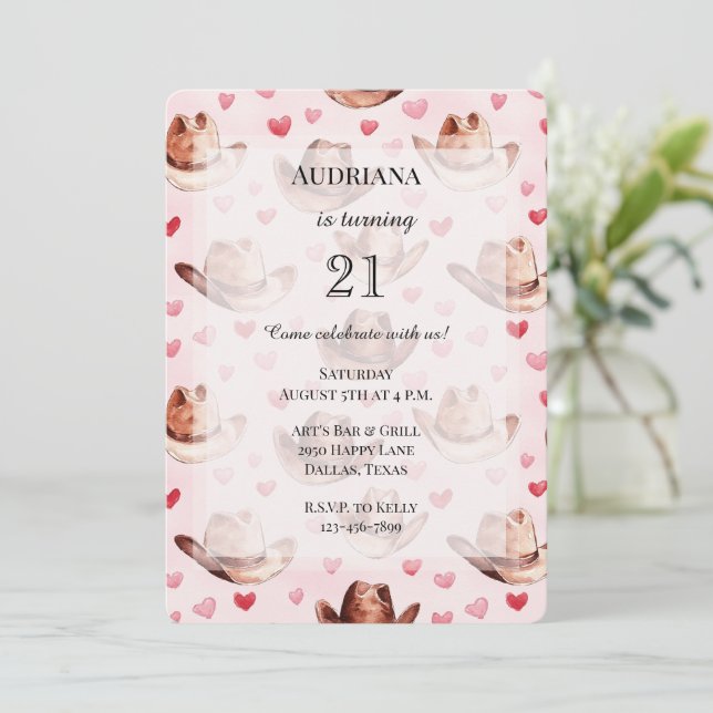 Western Brown Pink Cowgirl Hats Hearts Birthday Invitation (Standing Front)