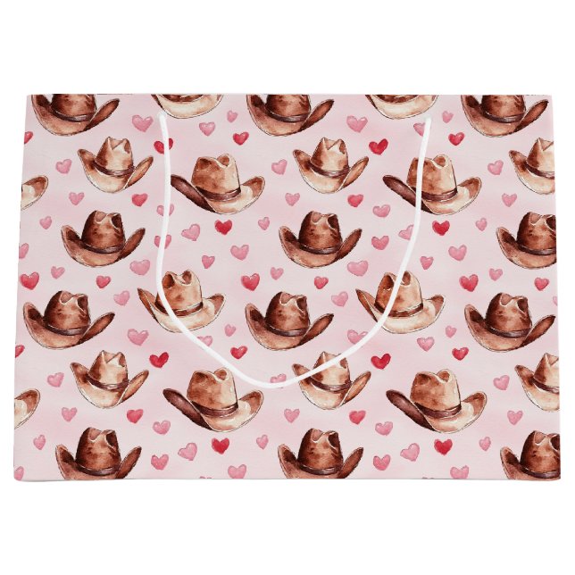 Western Brown Pink Cowgirl Hats Hearts Birthday Large Gift Bag (Front)