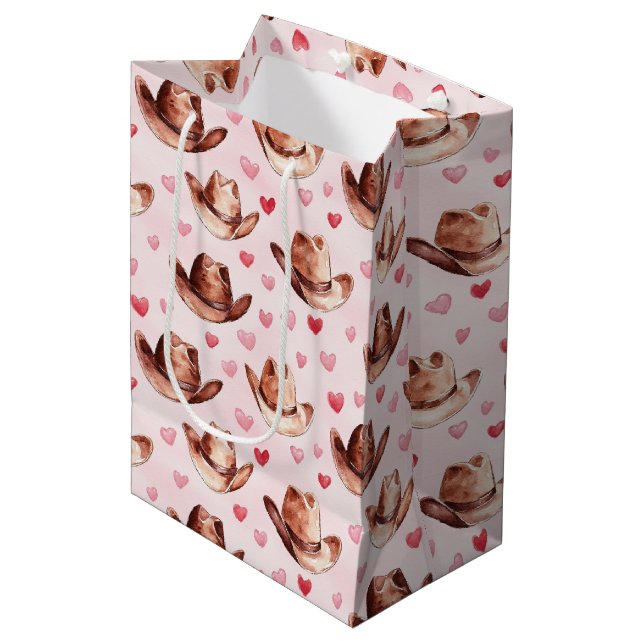 Western Brown Pink Cowgirl Hats Hearts Birthday Medium Gift Bag (Front Angled)