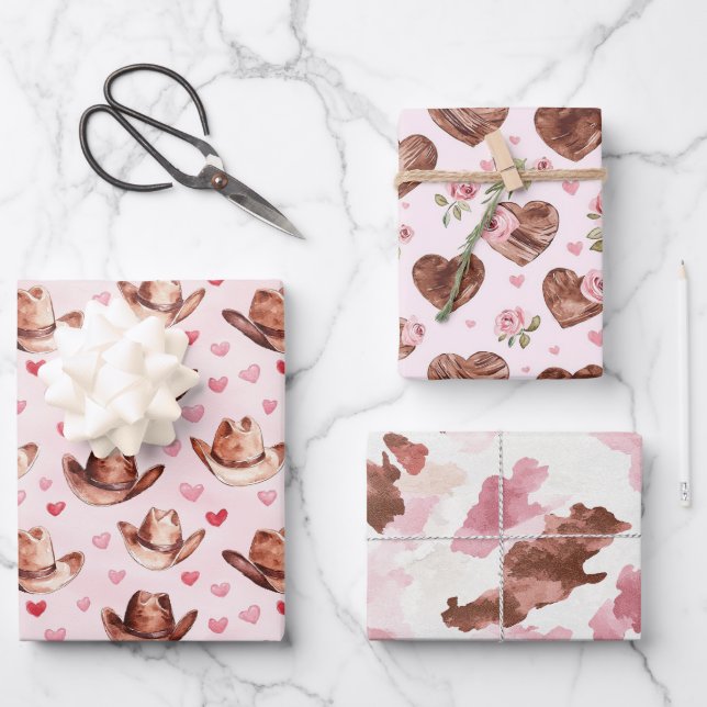 Western Brown Pink Cowgirl Hats Hearts Birthday Wrapping Paper Sheet (Front)