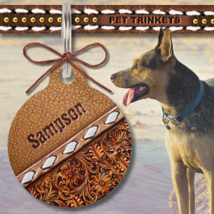 Western Buck Stitch Tooled Leather Dog Cat Pet Tag