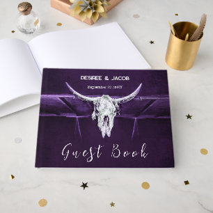 Western Bull Cow Skull Dark Purple White Rustic Guest Book