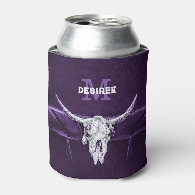 Western Bull Cow Skull Purple White Rustic Can Cooler (Can Front)