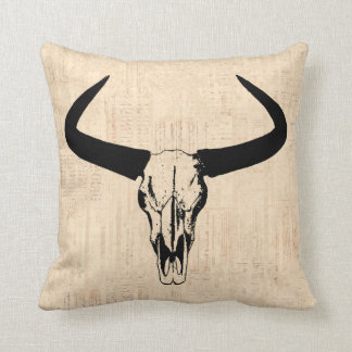 Western Bull Horns Vintage Cow Skull Beige Script Cushion
