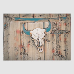 Western Bull Skull Rustic Barn Teal Brown Vintage Tissue Paper