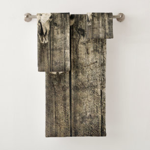 Western Bull Skull Rustic Vintage Brown Barn Wood Bath Towel Set