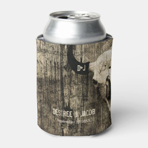 Western Bull Skull Sepia Vintage Rustic Wedding Can Cooler