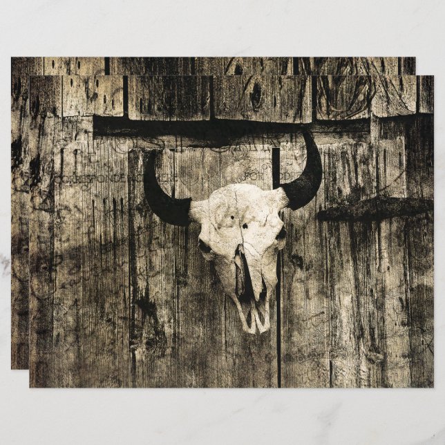 Western Bull Skull Vintage Barn Brown Wood Rustic (Front/Back)