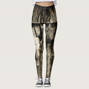 Western Bull Skull Vintage Brown Barn Wood Rustic Leggings
