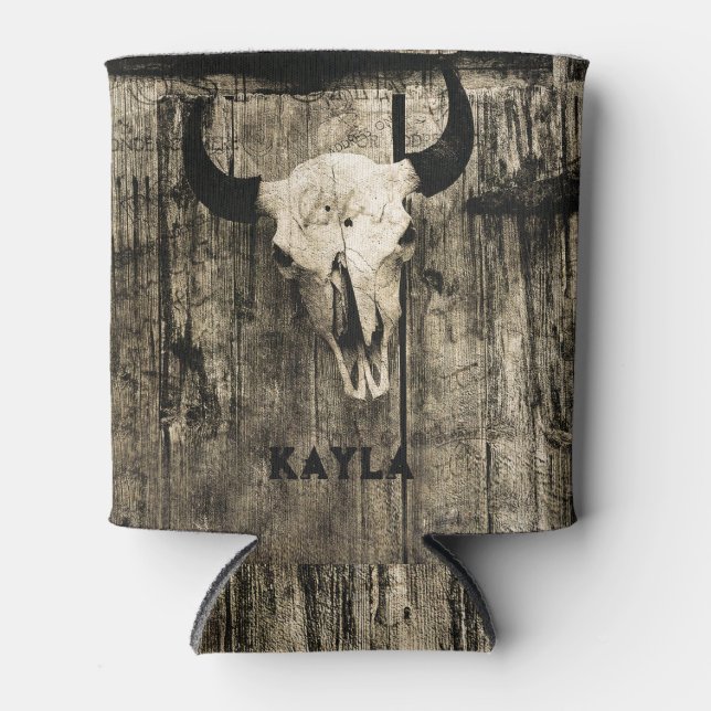 Western Bull Skull Wood Barn Sepia Vintage Rustic Can Cooler (Front)