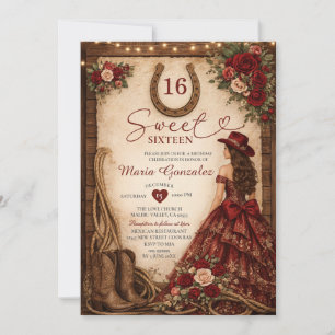 Western Burgundy Red Floral Princess Sweet Sixteen Invitation