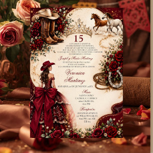Western Burgundy Red Princess Spanish Mis Quince Invitation