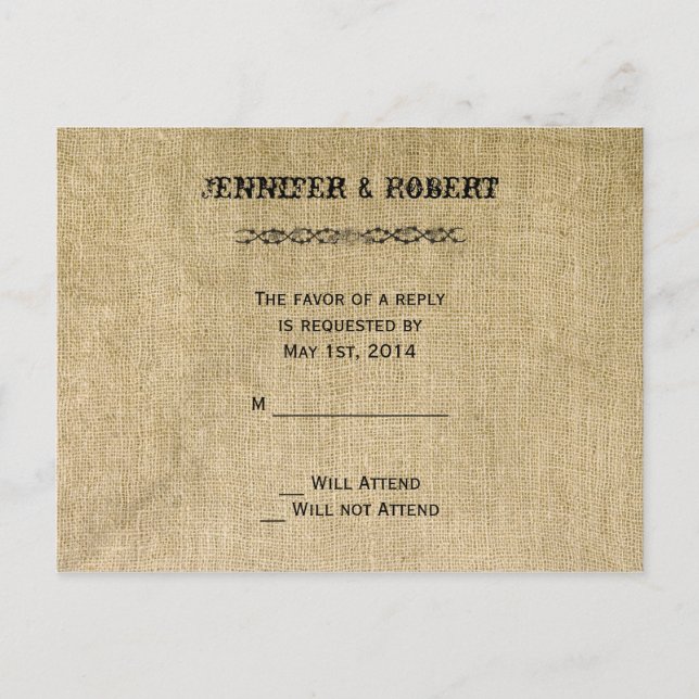 Western Burlap Wedding RSVP Invitation Postcard (Front)