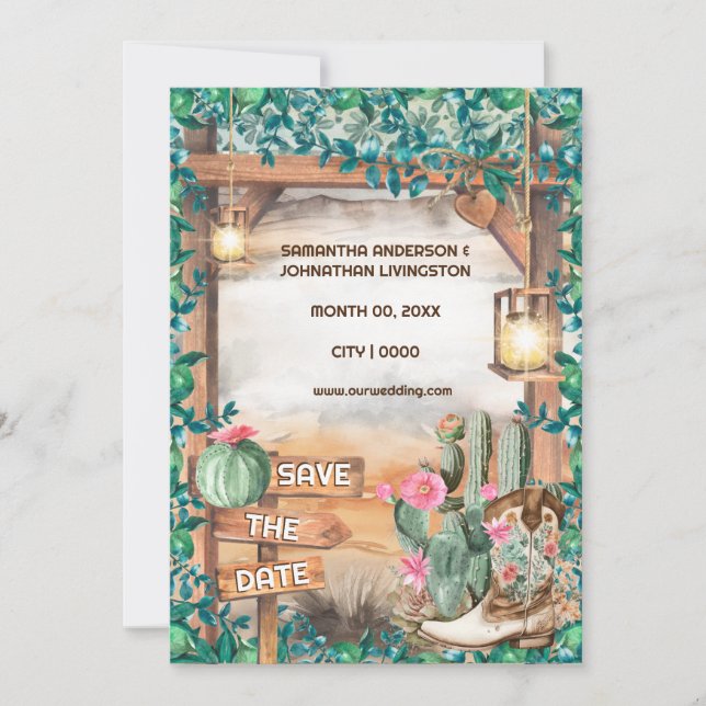 Western cactus cowboy boots watercolor lights chic invitation (Front)