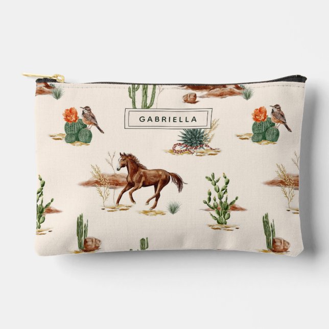 Western Cactus Desert Horse Cowgirl Personalised Accessory Pouch (Front)