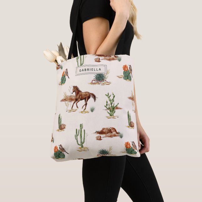 Western Cactus Desert Horse Cowgirl Personalised Tote Bag (Close Up)