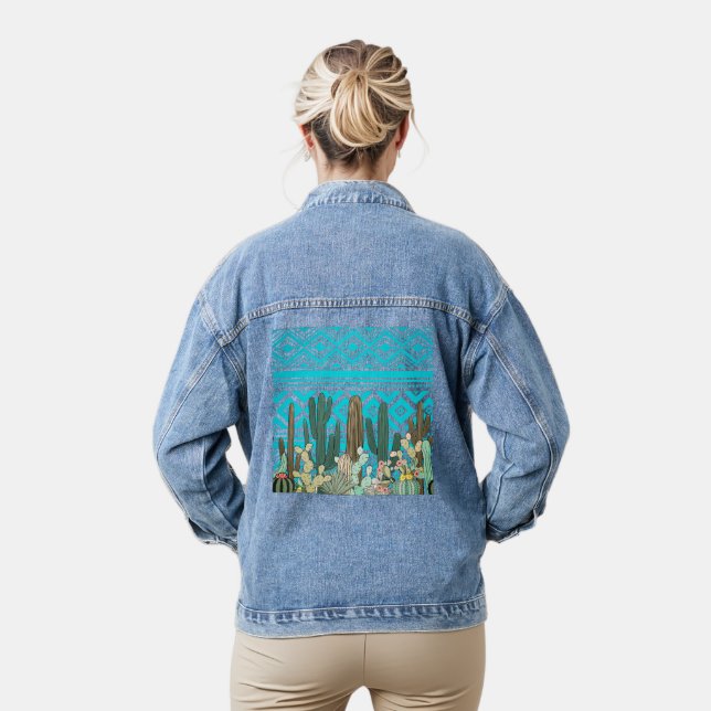 Western Cactus Garden with Tribal Motif Denim Jacket (Model)