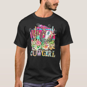 Western Cactus Texas Cowgirl Cow Bull Skull Rodeo T-Shirt
