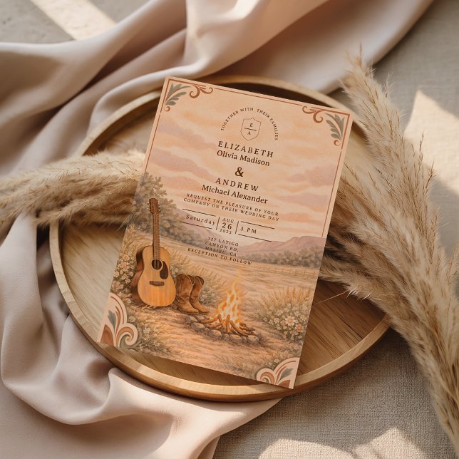 Western Campfire Guitar Meadow Wedding Invitation (Creator Uploaded)