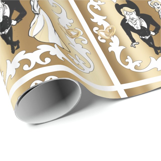 Western  Cartoon Wedding Couple On Gold Wrapping Paper (Roll Corner)