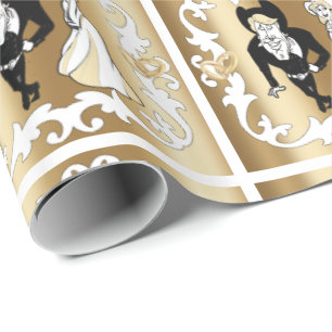 Western  Cartoon Wedding Couple On Gold Wrapping Wrapping Paper